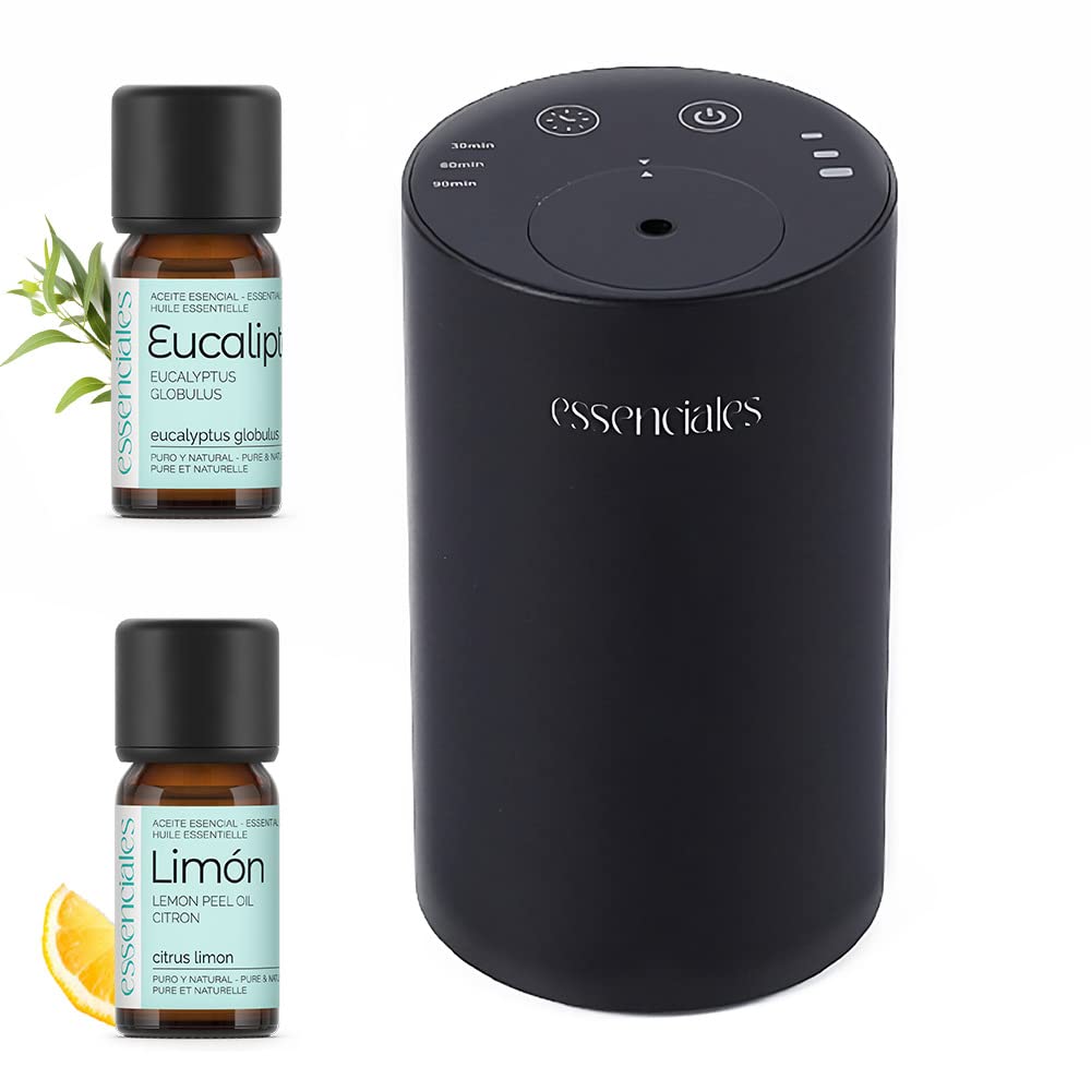Profumatore Auto ESSENGO con Oli Essenziali - Fragranza Naturale e Durevole, Regola l'Intensità a Tuo Piacimento - Senza acqua né cavi, include 2x10ml di Limone ed Eucalipto.
