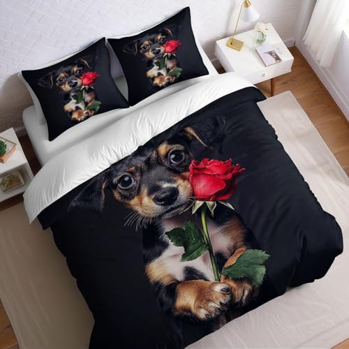 Juego de Ropa de Cama 3 Piezas Cama 135 Negro Funda nórdica 220x220 cm Rosas y Perros Suave y Transpirable, Incluye 2 Fundas de Almohada 50x75 cm