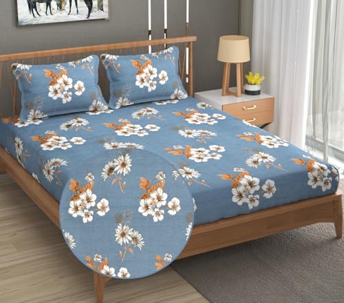 Image of FRESH FROM LOOM Floral Print King Size Bedsheet Set - Microfiber, 240 TC, Hypoallergenic, Includes 2 Pillow Covers (90 x 95 inch| Denim, Floral Design), Multicolor