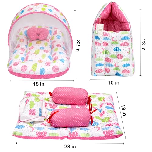 Image of Fareto Combo of Baby Bed with Net | Carry Bag | 4 Pcs Bedding Set (0-6 Months, Baby Size, Cotton) (Peach Sprial)