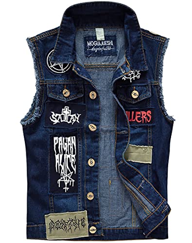 Image of ebossy Men's Ripped Distressed Denim Vest Sleeveless Button Up Jean Vest Jacket (Small, Pattern-blue)