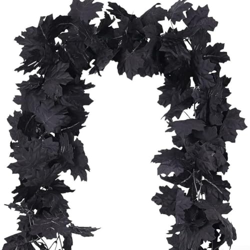 Guirnalda de hojas de arce artificiales de otoño de 1,7 m, color negro, decoración para interiores y exteriores, con follaje realista para fiestas festivas y exhibición en el hogar, tela de plástico