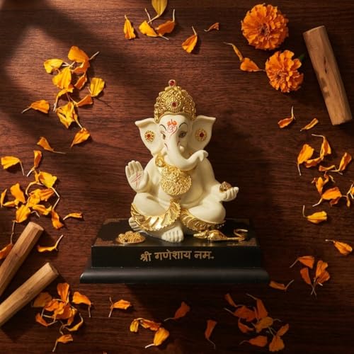 Image of Ganesha Idol for Home Decor | 4 Inch Golden Resin Ganpati Murti | Small Ganesh Ji Idol for Car Dashboard, Office Desk, Pooja Room | Vastu Decorative Statue (172g)