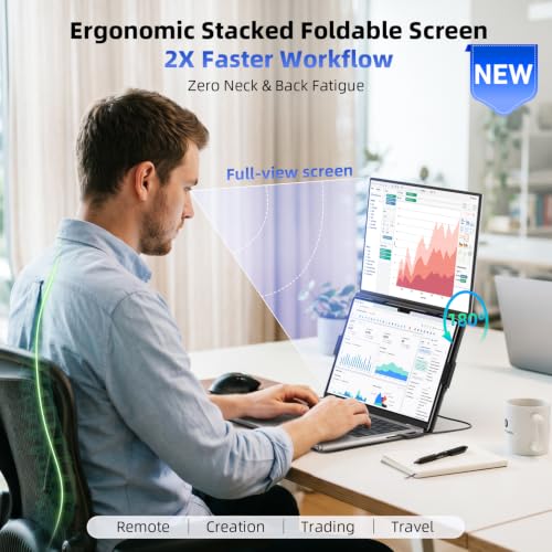 Image of 15.6 inch Dual Laptop Screen Extender - Ultra Thin Stacked Foldable Portable Monitor, FHD 1080P USB-C /HDMI Plug & Play, 180 Screen Adjustment for 13-17.3 inch Mac /Windows Laptops, Ideal for Work & Gaming