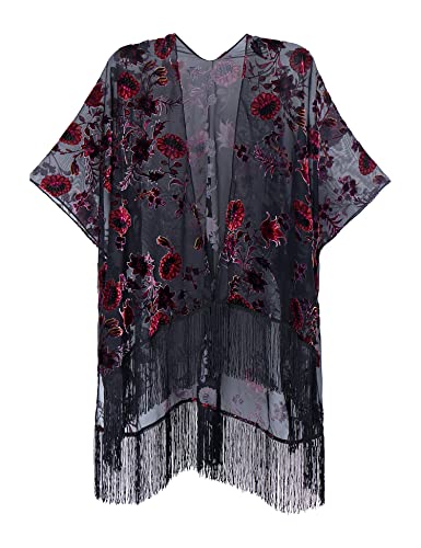 Image of MJ SERECA Women's Burnout Velvet Kimono Cardigan Cover Up with Tassel