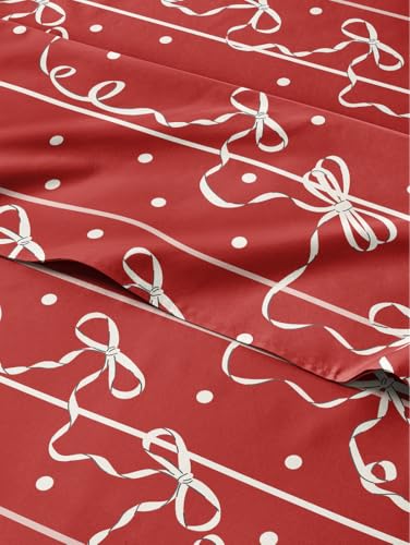 Queen Christmas Ribbon Sheet Set - Holiday Xmas Pattern Bedding Set - Deep Pockets - Snug Fit - 4 Piece - Wrinkle Free & Easy Care - Comfy Festive Winter - Holiday Sheets for Women, Men, Kids & Teens