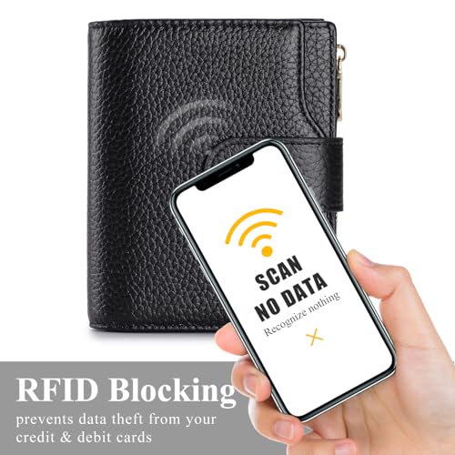 Image of Genuine Leather Wallets for Women RFID Blocking Bifold with Zipper Pocket, 2 ID Windows, 18 Card Slots, Black
