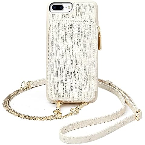 ZVEdeng iPhone 8 Plus Crossbody Wallet Case, Leather Card Holder Slot Case Wrist Strap RFID Blocking Purse Zipper Phone Case Shockproof Cover for iPhone 8 Plus/7 Plus 5.5'' Lizard Skin Beige Cover