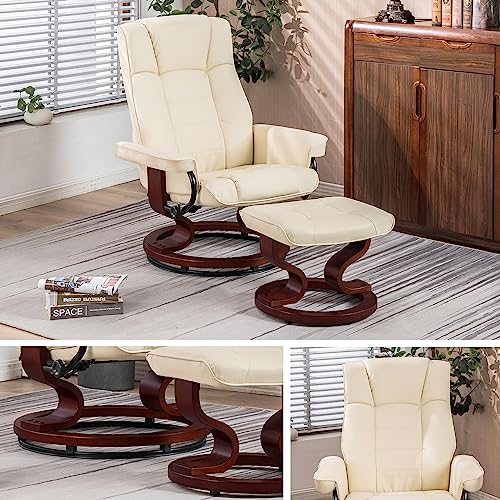 Mcombo Swiveling Recliner Chair With Wrapped Wood Base And Matching Ottoman Footrest, Furniture Casual Chair, Faux Leather 9019 (Cream White) #TOP6