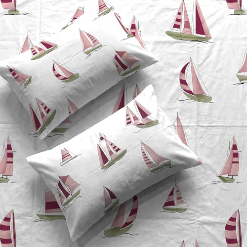 Image of Urban Space 144 TC Divine 100% Cotton Bedsheet for King Bed, Cotton Bedsheet with 2 Pillow Covers (Size 108 x 108 inches, Ocean Boats Maroon, King Size)
