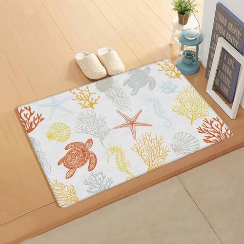 Coastal Summer Ocean Antifatigue Kitchen Bath Door Mat Cushioned Runner Rug,Washable Welcome Floor Sink Mat,Waterproof Kitchen Standing Doormat,Yellow Orange Coral Starfish Turtle White 18