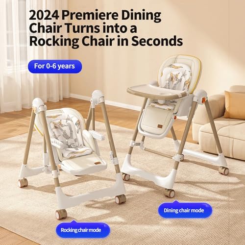 Image of StarAndDaisy Galaxy 2 in1 Rocking Baby High Chair for Boys and Girls Dining Chair 4 Level Reclining Position, Adjustable Height, Locking Wheels, 5 Point Safety Belt (Brown)