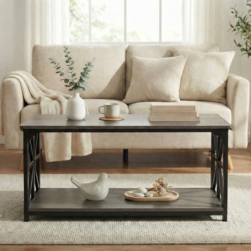 Image of GOFLAME 2-Tier Rectangular Coffee Table, Modern Center Table with Wooden Top, Metal Frame, X Shaped Side Pattern, Display Accent Tea Tables, Living Room Tables for Apartment (Gray Oak & Black)