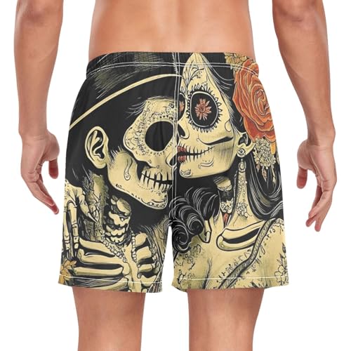 Mens Swim Trunks with Liner, Couple Skeletons Gothic Cool Quick Dry Beach Swim Shorts, Swimwear Bathing Suits S2