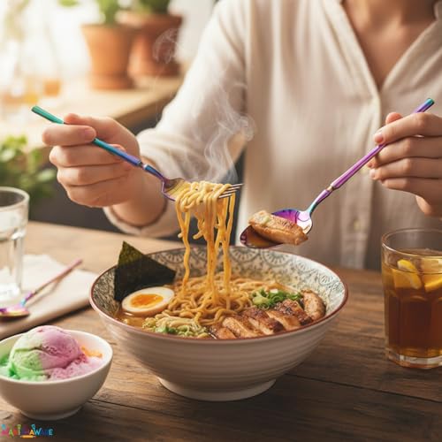 Image of Elegant Handle Rainbow 4 Pcs Stainless Steel Cutlery Set for Dining Table, Dishwasher Safe Glossy Flatware (1 Spoon Set+1 Forks Set+1 Butter Knife+1 Dessert Spoon)