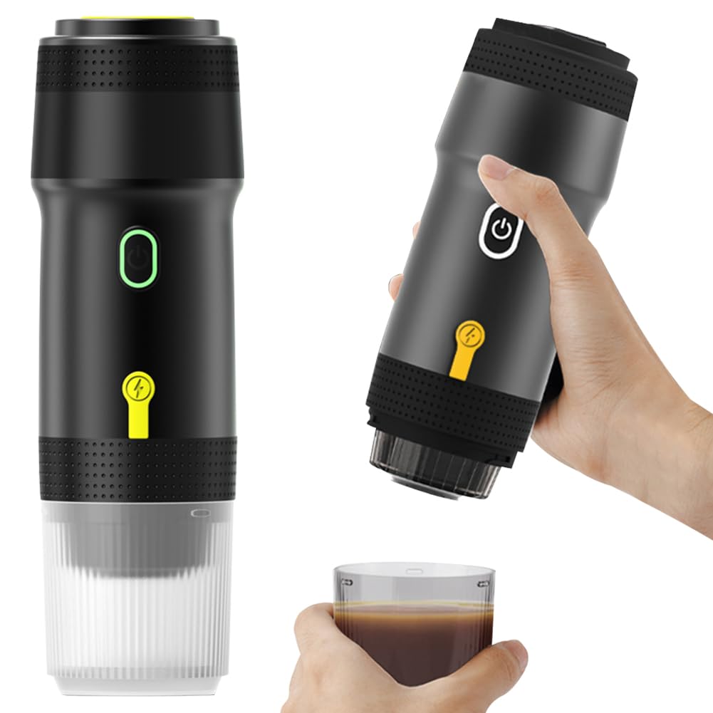 Cafetera portátil expreso, 3 en 1 de viaje recargable de 12 V, compatible con cápsulas, cafetera eléctrica inalámbrica para camping, viajes, RV, senderismo, oficina (Negro)