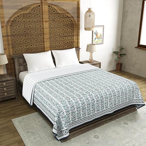 Image of BLOCKS OF INDIA 100% Cotton Dohar King Size Reversible Hand Block Printed Malmal Summer Dohar /Blanket (Green BEL)