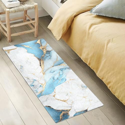 Tapis de bain antidérapant bleu et or 51x99 cm en microfibre - 6