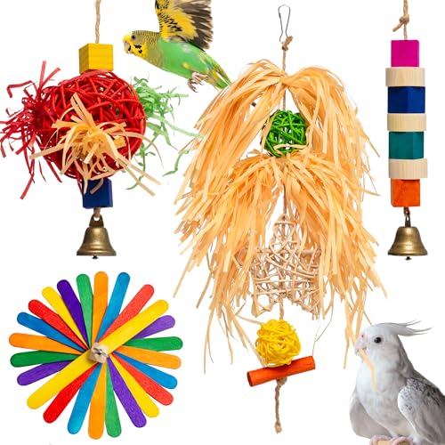 4-in-1 Hanging Bird Toy Set - Raffia Chew Balls, Wood Blocks & Bells for Foraging - Small Parrot Cage Toys for Conures, Lovebirds Under 150g (30-Day Play Guarantee) - image 7