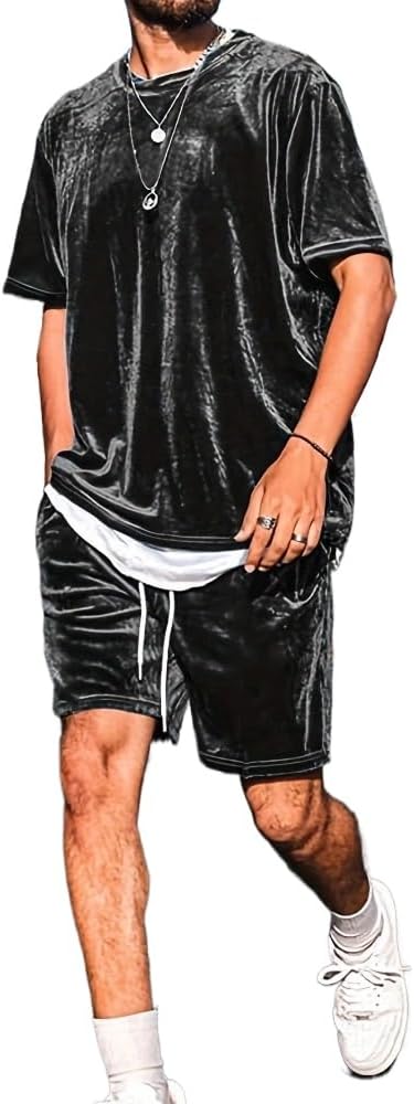 Men's street retro short sleeved shorts set, velvet short sleeved round neck shirt pullover sweatshirt