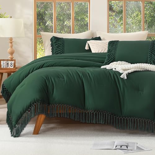 Image of Andency Emerald Dark Green Comforter Set King, 3 Pieces Boho Tassel Lightweight Vintage Soft Bedding Comforter for King Bed, All Season Fluffy Fringe Bed Set (104x90In Comforter & 2 Pillowcases)
