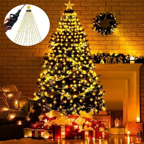 Christmas Tree Lights with Ring, 400 Led Warm Yellow Christmas Lights Indoor, 6.6ftx16 Lines Cascading Twinkle Lights with 8 Models & Memory Function, Led Christmas String Lights for Christmas Decor Cover