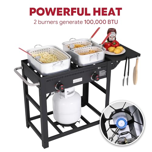 Image of Feasto Outdoor Propane Deep Fryer with Movable Cart, 36 QT 2-Burner Stove | 100,000 BTU Total, 2 x 18QT Aluminum Pots, 1 x 18QT Basket & 2 x 9QT Frying Baskets, Portable Fryer for Fish, Fries & Chicken
