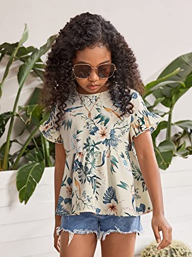 OYOANGLE Girl's Boho Floral Print Flounce Short Sleeve Ruffle Peplum Blouse Cute Babydoll Tops4