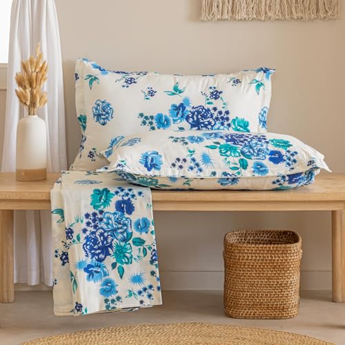Image of Swayam Pure Cotton Double Bedsheet with 2 Pillow Covers | Size 90 x 100 inch | 160 TC | Floral Design | Soft Breathable Bed Sheet | Comfortable & Durable for Bedroom - Cream & Blue