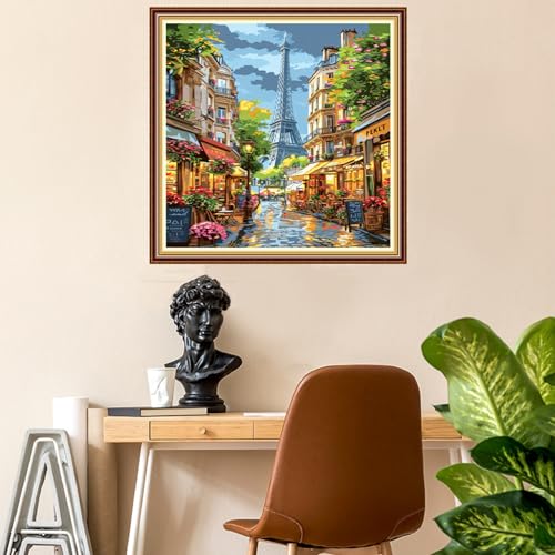 Image of Fanxvivy Stamped Counted Cross Stitch Kits for Adults Printed Cross-Stitch Patterns 11CT Stamped or Counted Cross Stitching Embroidery Kit Needlepoint Kits-Eiffel Tower Street View 18x18 inch