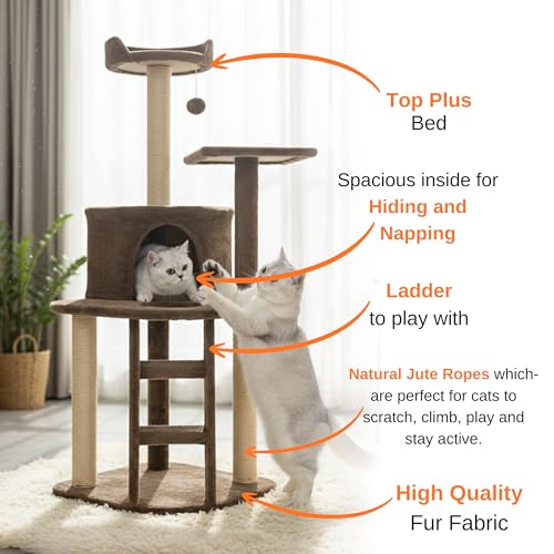 Image of Multi-Level Cat Tree Tower, 47 Inch Tall Green Plush Condo with Natural Jute Posts, Platforms, Perches, 19 Inch Base (FURR-49) (Brown)