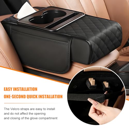 Image of Car Armrest Cushion, 5-in-1 Nappa Leather Vehicle Centre Console Cover with 2 Storage Pockets, Cup Phone & Phone Holder, Multifunctional Auto Organiser Accessories, Universal Fit (Black)