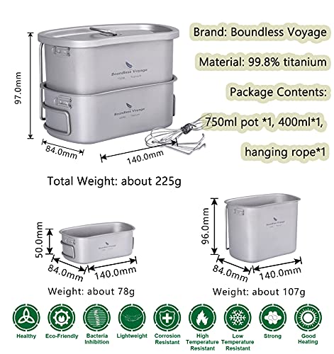 Boundless Voyage Titanium Military Mess Kit Set 750ml+400ml Cups Ti2048C miniatura 6