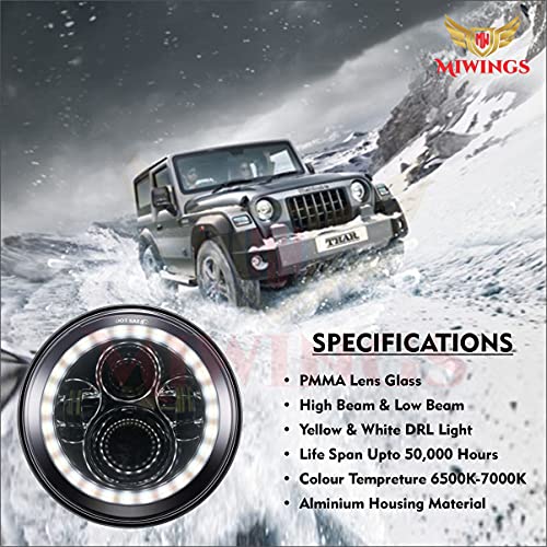 Image of Miwings 6 LED Projector Headlight with Dual Color DRL Full Ring For Mahindra Thar /Jeep /Royal Enfield Bike Models, 7 Inch, White and Amber