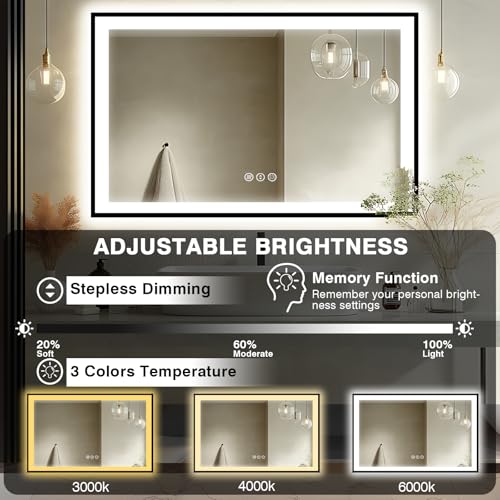 51x36 Lighted Mirrors for Bathroom Wall -Black Aluminum Framed (Front and Backlit), Anti-Fog LED Vanity Mirror, Shatter-Proof Lighted Mirror, 3 Colors Memory Mirror (Horizontal/Vertical)