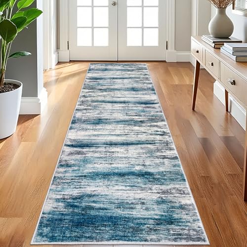 KOZYFLY 3x8 Area Rug Modern Ombre Area Rug for Bedroom, Washable Rug Non-Slip Soft Striped Living Room Rug, Print Distressed Blue Abstract Carpet for Laundry Nursery