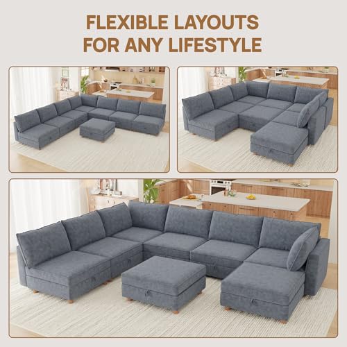 Image of 128 inch Modular Sectional Sleeper Sofa Bed with Storage & Washable Covers, 8-Seater Chenille Modular Sofa Bed with Movable Ottoman Chaise, Convertible Sleeper Sectional Couches for Living Room, Gray