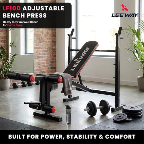 Image of Leeway LF100 Bench Press for Home Gym Setup | Adjustable Gym Bench for Home with Barbell Rack, Incline Decline Flat, Leg Curl Extension, 180 Kg Capacity Table (Black, Bench LF100, 1)