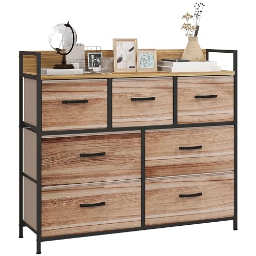 HOMCOM Commode 7 tiroirs Meuble de Rangement tiroir en Tissu Pliant - Structure Acier Noir - 98 x 29 x 85 cm, Chambre, entrée, Salon, Noir et Naturel