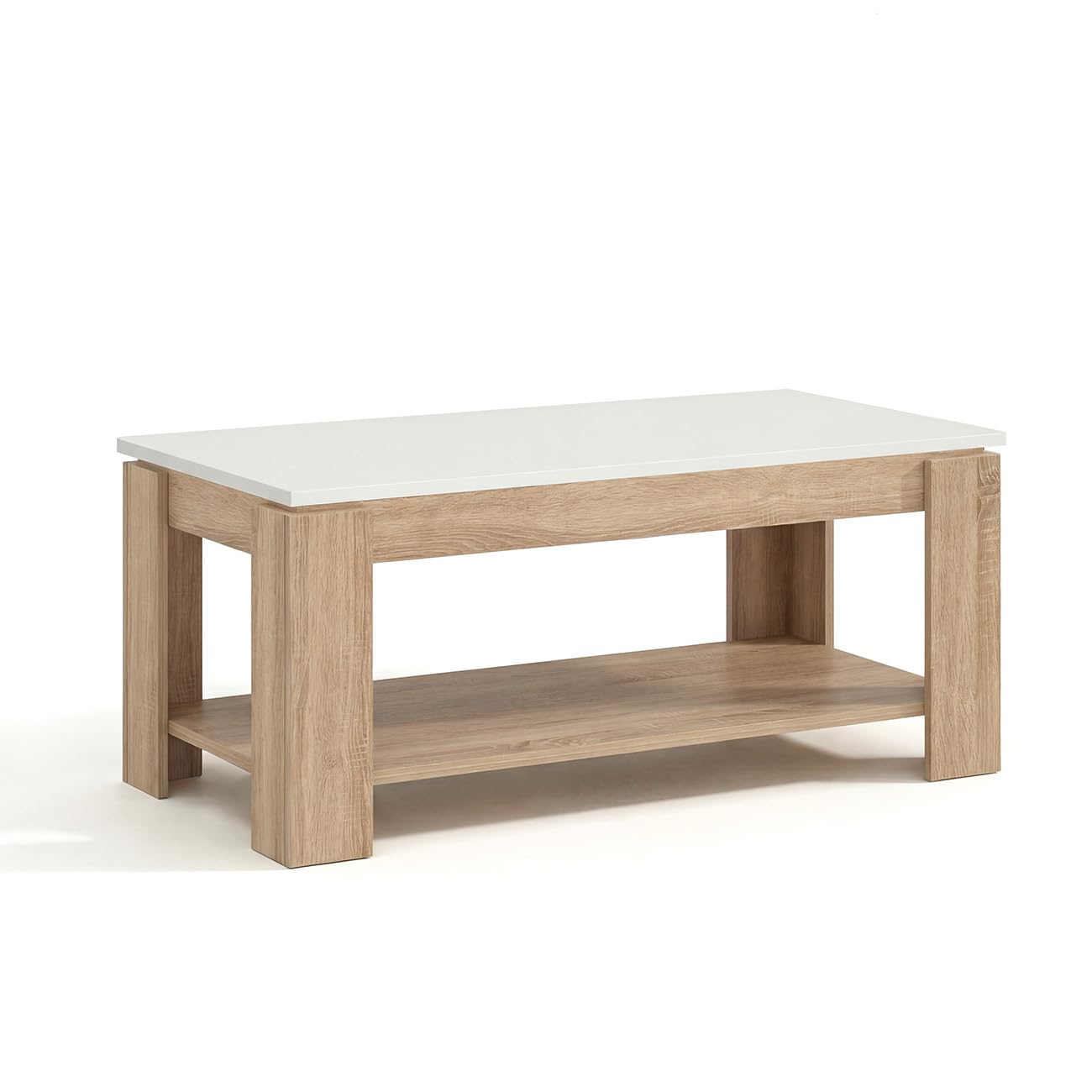 duehome | Mesa de Centro Elevable, Mesa Auxiliar, Modelo LYA, Acabado en Color Roble Canadian y Blanco Artik, Medidas: 102 cm (Largo) x 50 cm (Ancho) x 43-54 cm (Alto)