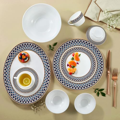 Image of Larah by Borosil Opalware Dinner Set Microwave & Dishwasher Safe | Bone-Ash Free | Crockery Set for Dining & Gifting | Plates & Bowls (Sapphire Crest, 60pc)