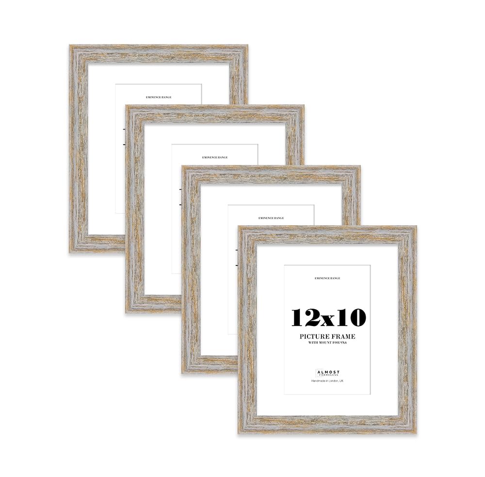 12x10" Walnut Woodgrain Picture Frame with 9x6" Mount - Shabby Chic Photo Frame with Distressed Finish, Wall Hooks and Kickstand, 32mm Edge - 4 Pack