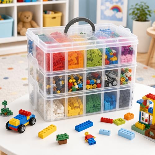 Image of Guyuyii 3-Tier Stackable Bead Organizer with Adjustable Dividers and Handle | Portable Storage Case for Craft, Sewing, Jewelry Making | Compatible with Beads, Embroidery Floss, Washi Tape, Lego Pieces
