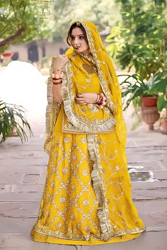 Image of Heavy Embroidery Work Semi Stitched Shimmer Silk Rajputi Poshak For Women Rajasthani Lehenga Choli