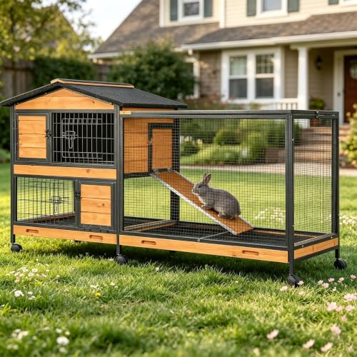 Image of Aivituvin Rabbit Hutch with Buy-Free Metal Frame - Indoor & Outdoor Rabbit Run with Wheels and Leak-proof Storage Tray (Wood Colour)