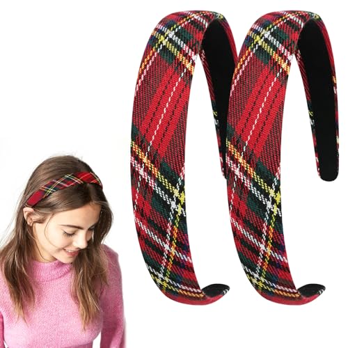 LOPHE Lot de 2 bandeaux tartan à carreaux rouges pour filles et femmes - Vintage - Larges bandeaux à carreaux écossais - Accessoires de cheveux tendance