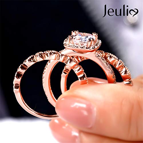 Jeulia 2.65 Carat 3PC Bridal Set Rose Gold Halo Engagement Rings for Women Sterling Silver Cushion Cut CZ Wedding Ring Set Promise Anniversary with Jewelry Gift Box3