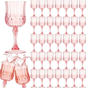 Pinkunn 50 Pcs Patterned Plastic Wine Glasses Colorful Goblet Champagne Flute Glasses Vintage Style Dishwasher Safe Drinking Glasses for Wedding, Reception, Grand Event Party Supplies (Pink)