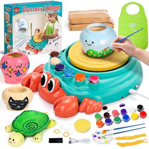 Lehoo Castle Rueda de cerámica para niños, kit de pintura de cerámica para artes y manualidades con 2 unidades de arcilla seca al aire