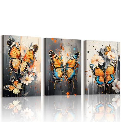 WENGTIAO 3 Piezas Mariposa de Colores Cuadros Enmarcados Vintage Flores Abstractas Pintura sobre Lienzo Cuadros Decoracion Salon Modernos Dormitorios Decoracion Pared 30x40cmx3